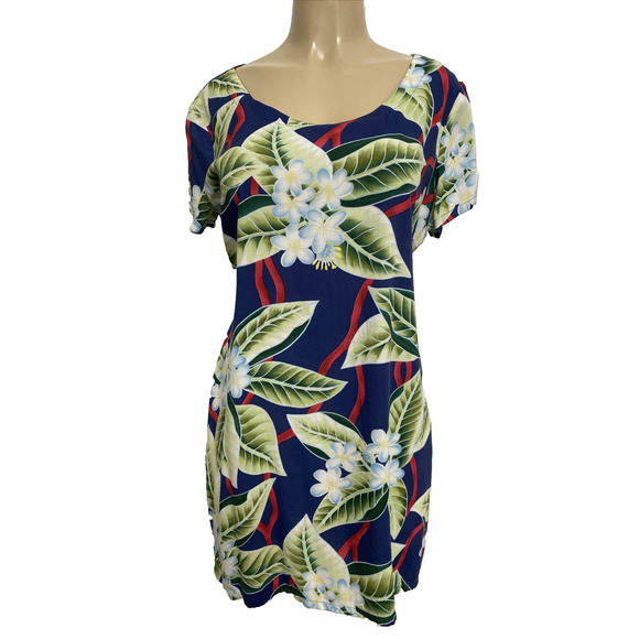Reyn Spooner Dress Rayon Scoop Neck Short Sleeve Mini Floral Plumeria Tie M - Picture 1 of 5